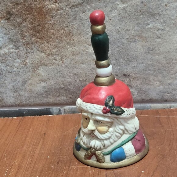 Vintage Santa Claus Handheld Bell Wood Handle Bisque Ceramic Christmas Decor - Picture 7 of 10